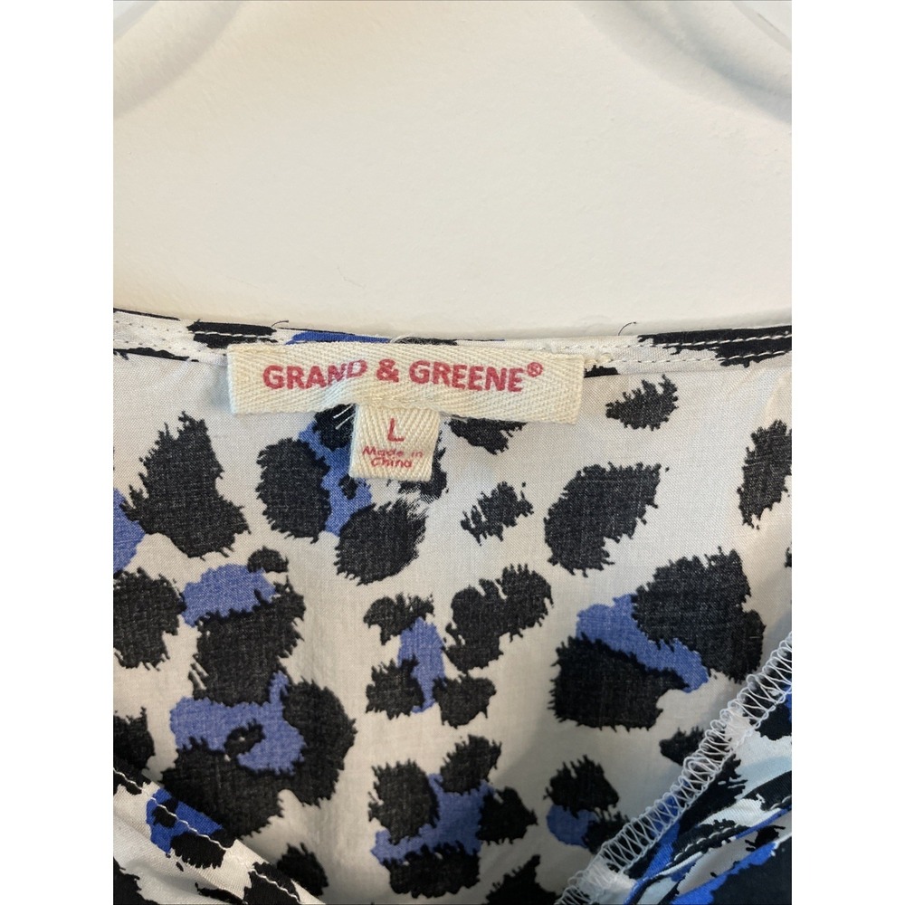 Grand & Greene Large Blue Leopard Print Rayon Top 3/4 Sleeve Boho Blouse - Picture 3 of 15